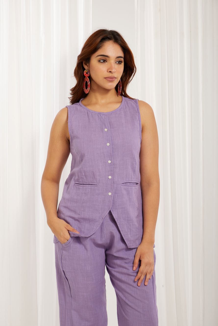 Purple Cotton Slub Hand Embroidery Formal Co-ord Set
