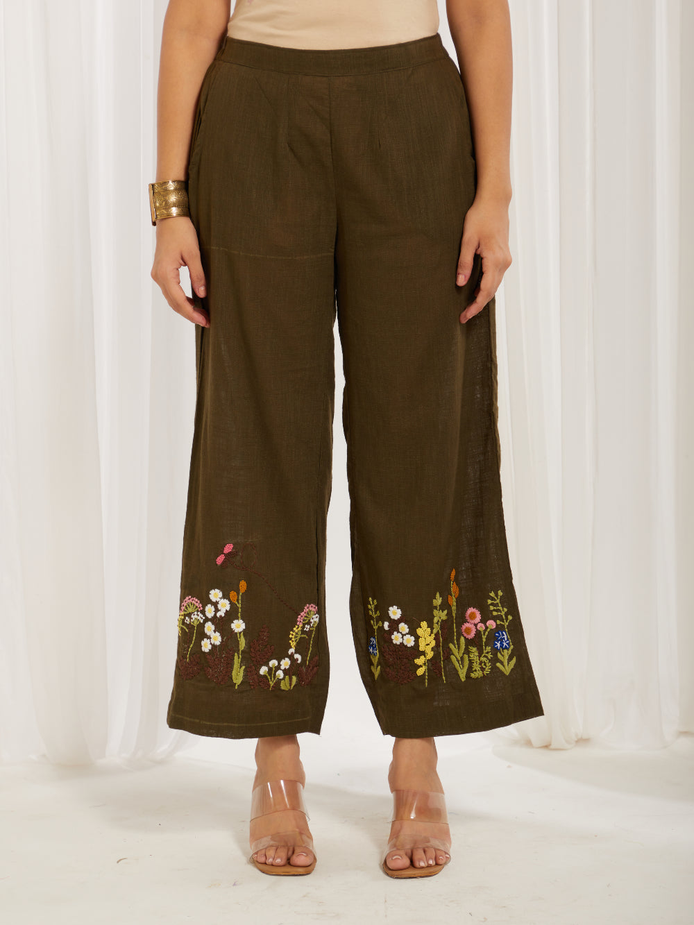 Olive Green Cotton Slub Hand Embroidery Formal Co-ord Set