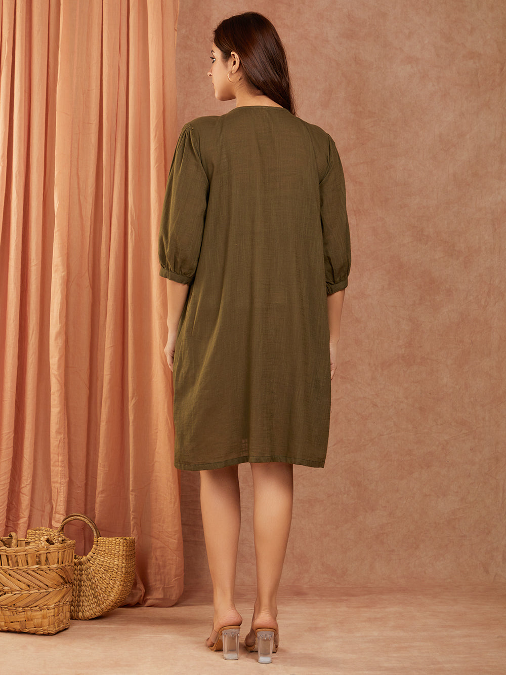 Cotton Slub Hand Embroidery Dress with 3/4 Sleeves Gather, Knee-Length Dress