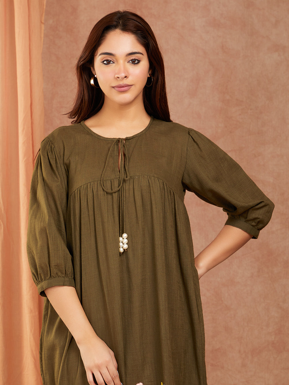 Cotton Slub Hand Embroidery Dress with 3/4 Sleeves Gather, Knee-Length Dress