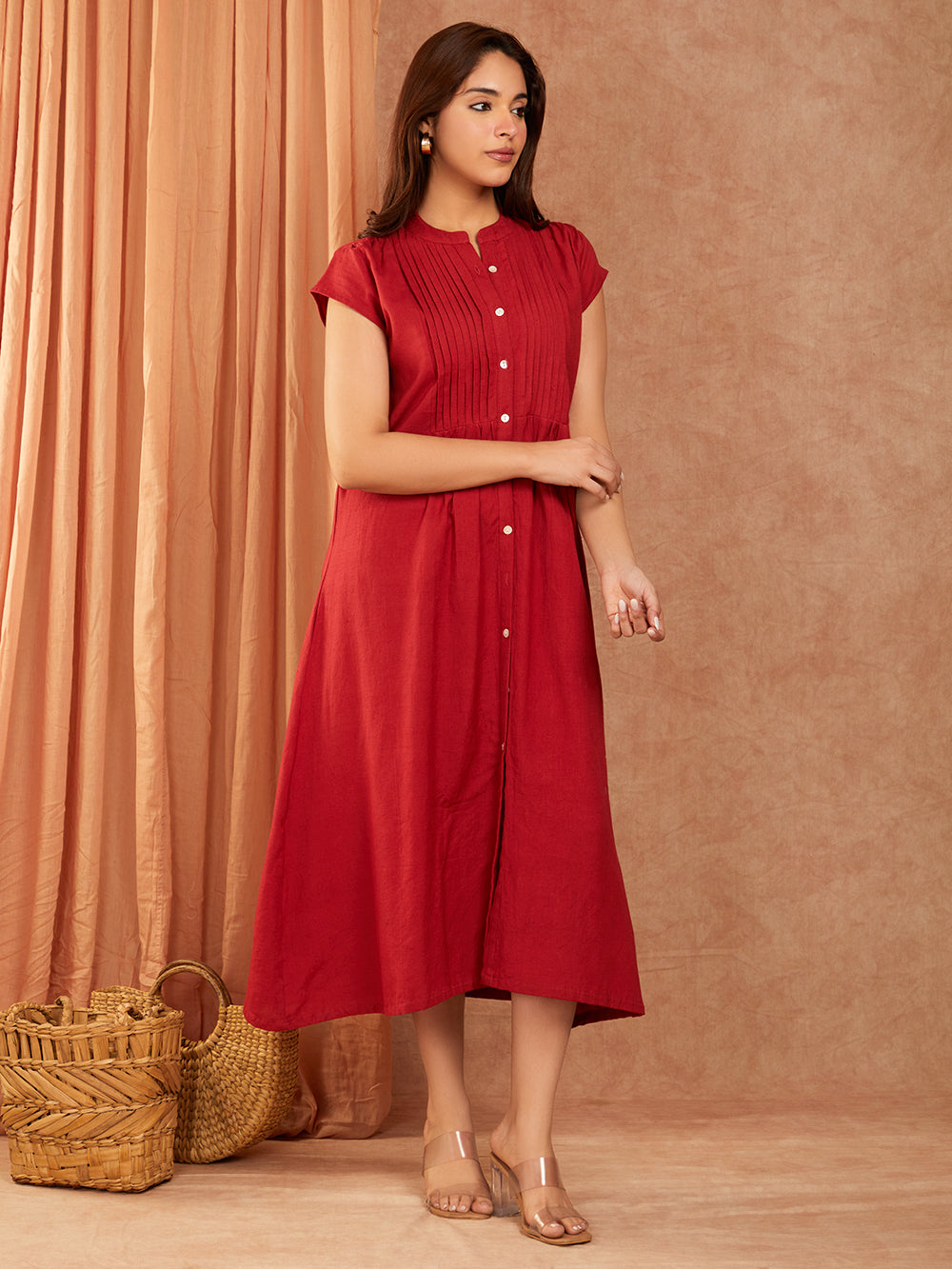 Brick Brown Pintuck Cotton Slub Dress