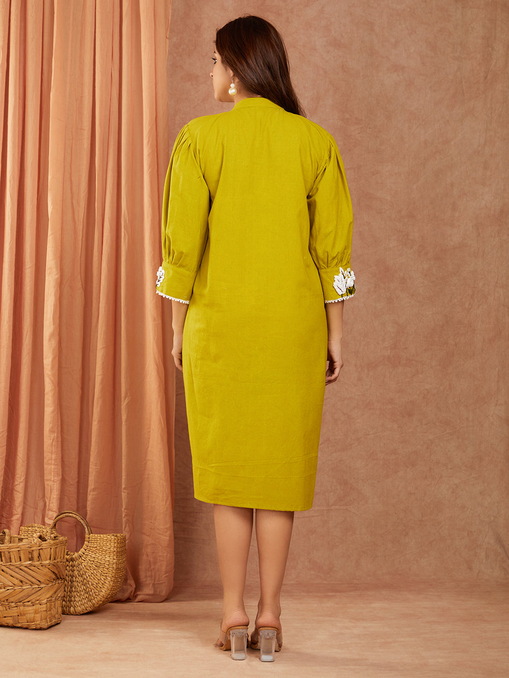 Pure Cotton Mehendi Green Hand Embroidery Dress with Full Sleeves Gather