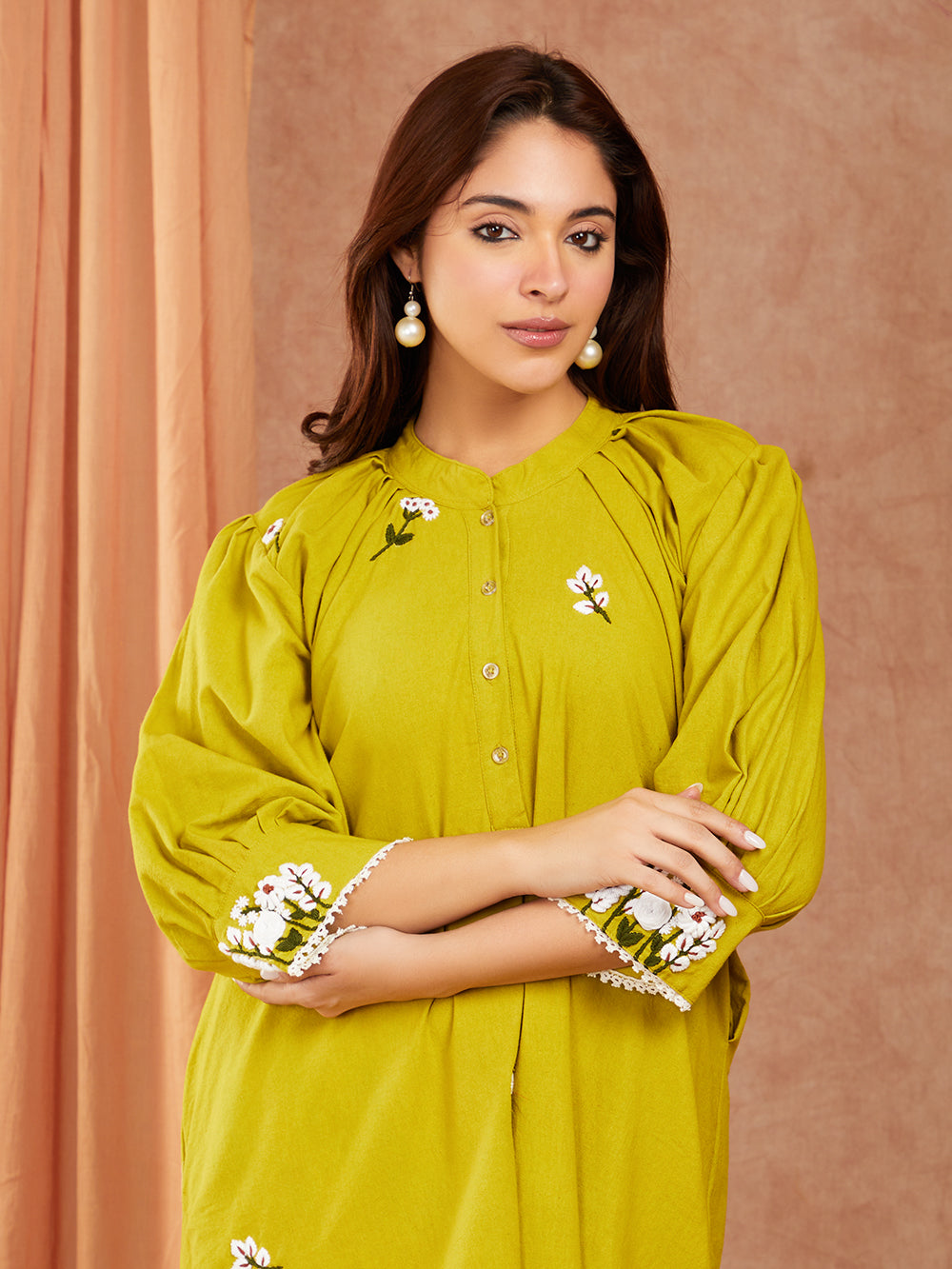 Pure Cotton Mehendi Green Hand Embroidery Dress with Full Sleeves Gather