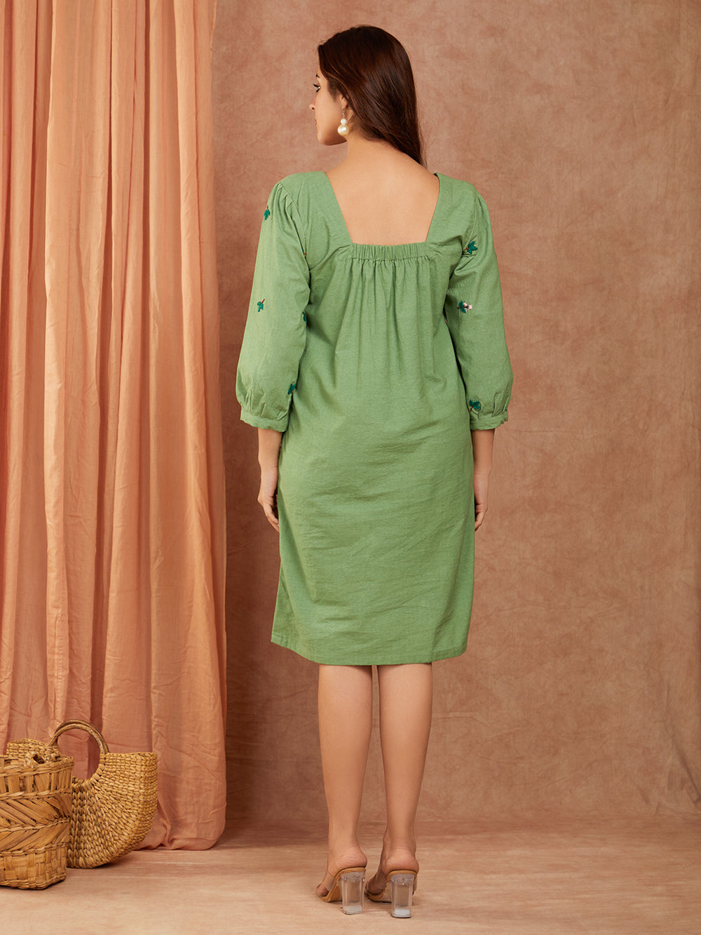 Pure Cotton Pista Green Hand Embroidery A-line Dress
