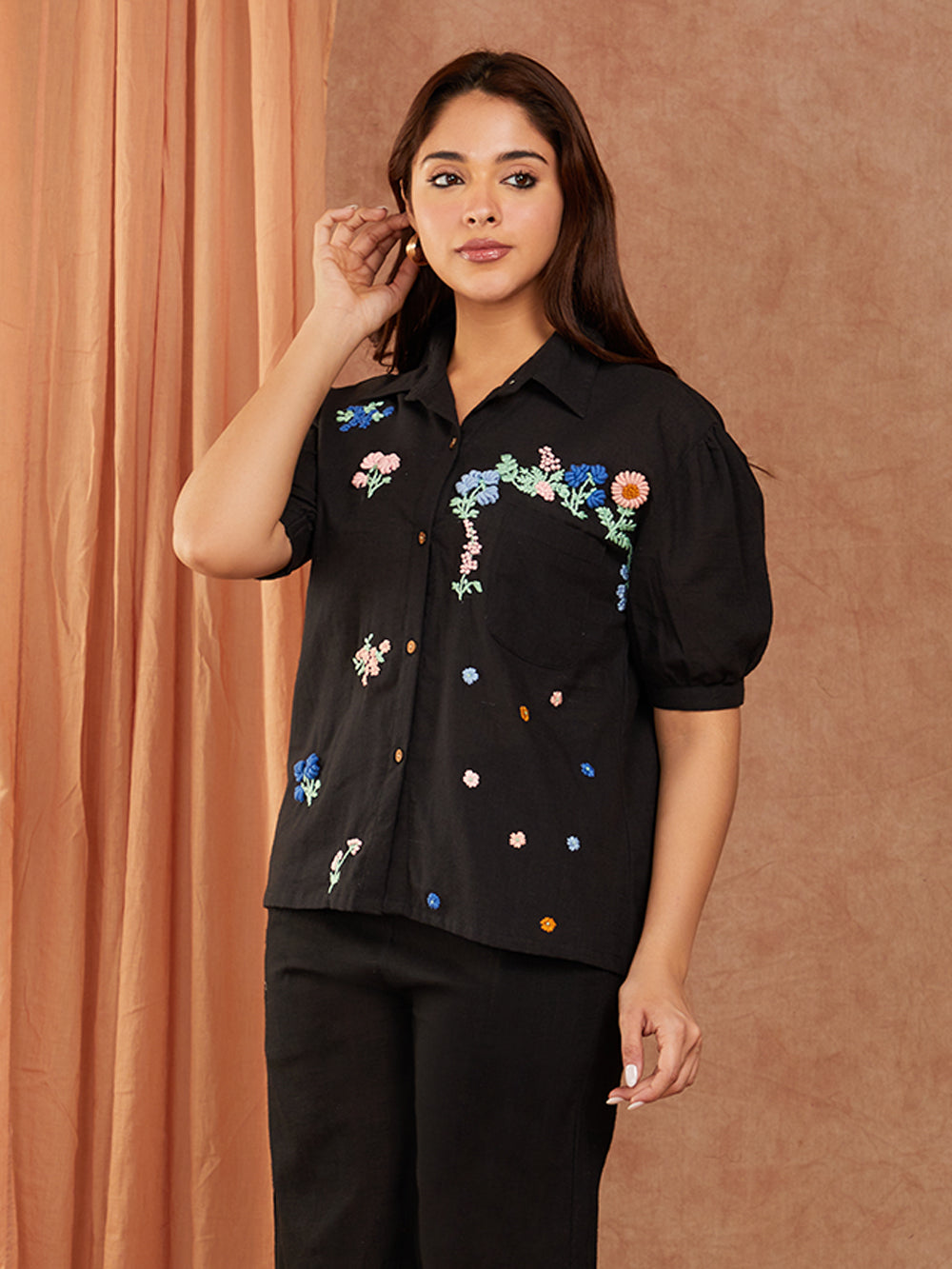 Black Cotton Slub Hand Embroidery Co-ord Set