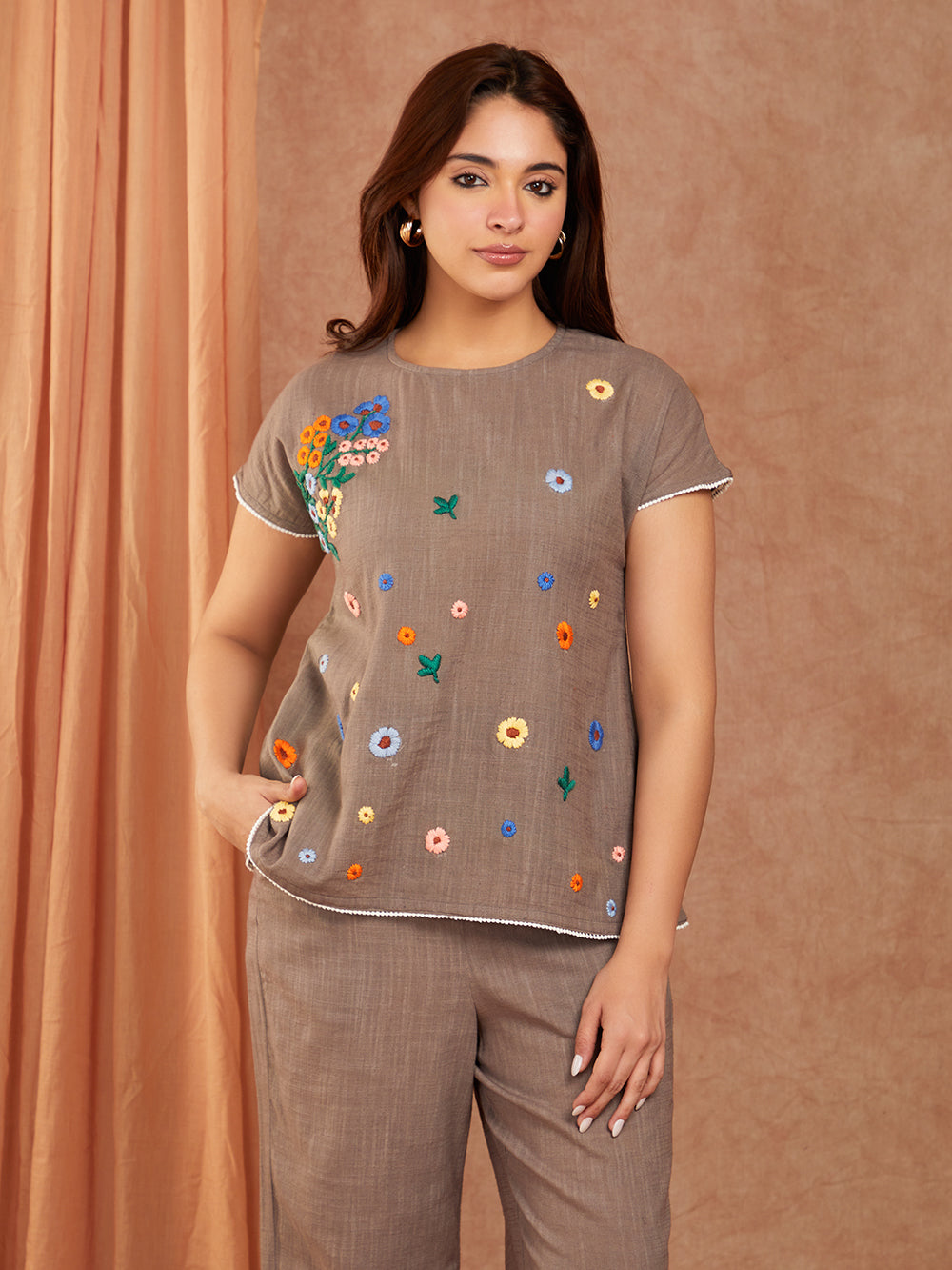 Grey Cotton Slub Hand Embroidery Co-ord Set