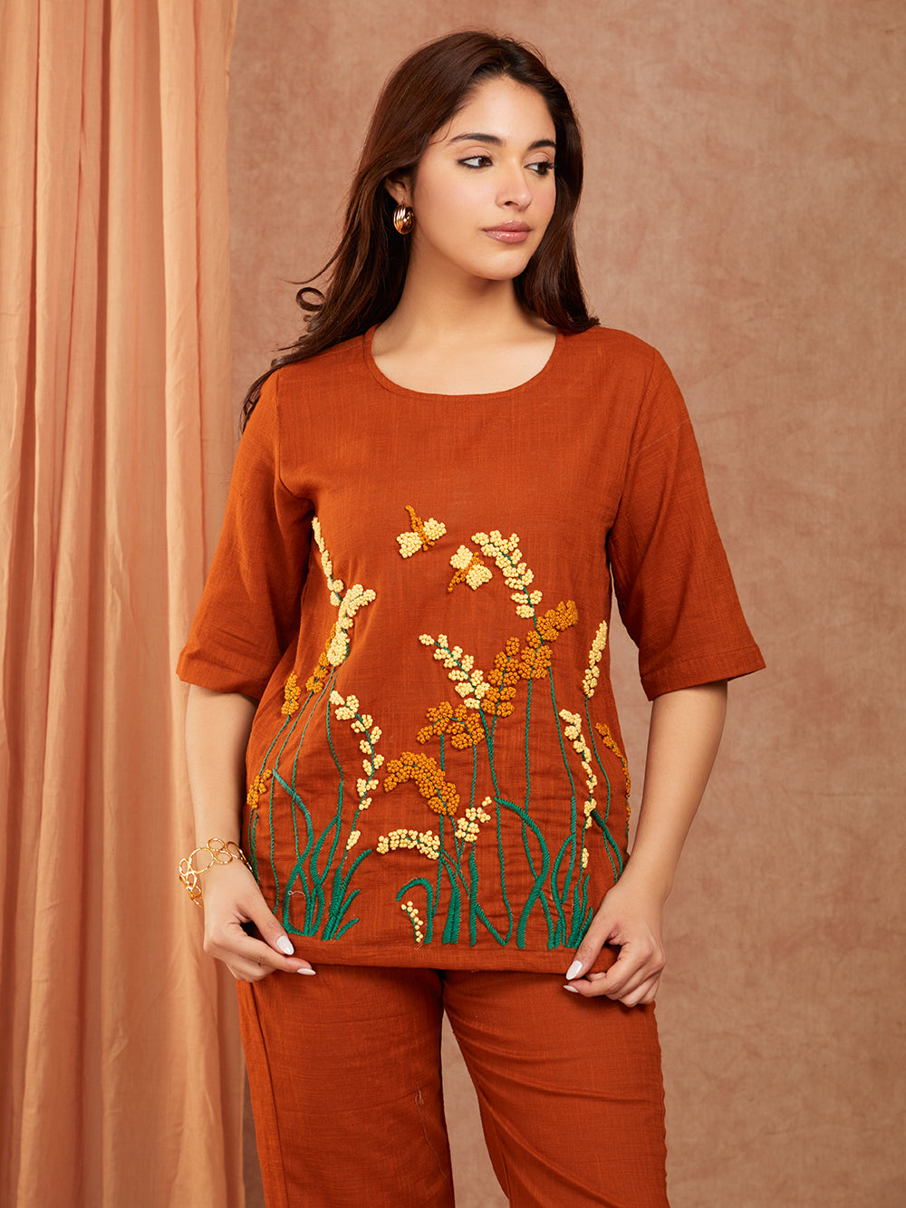 Rust Brown Cotton Slub Hand Embroidery Co-ord Set