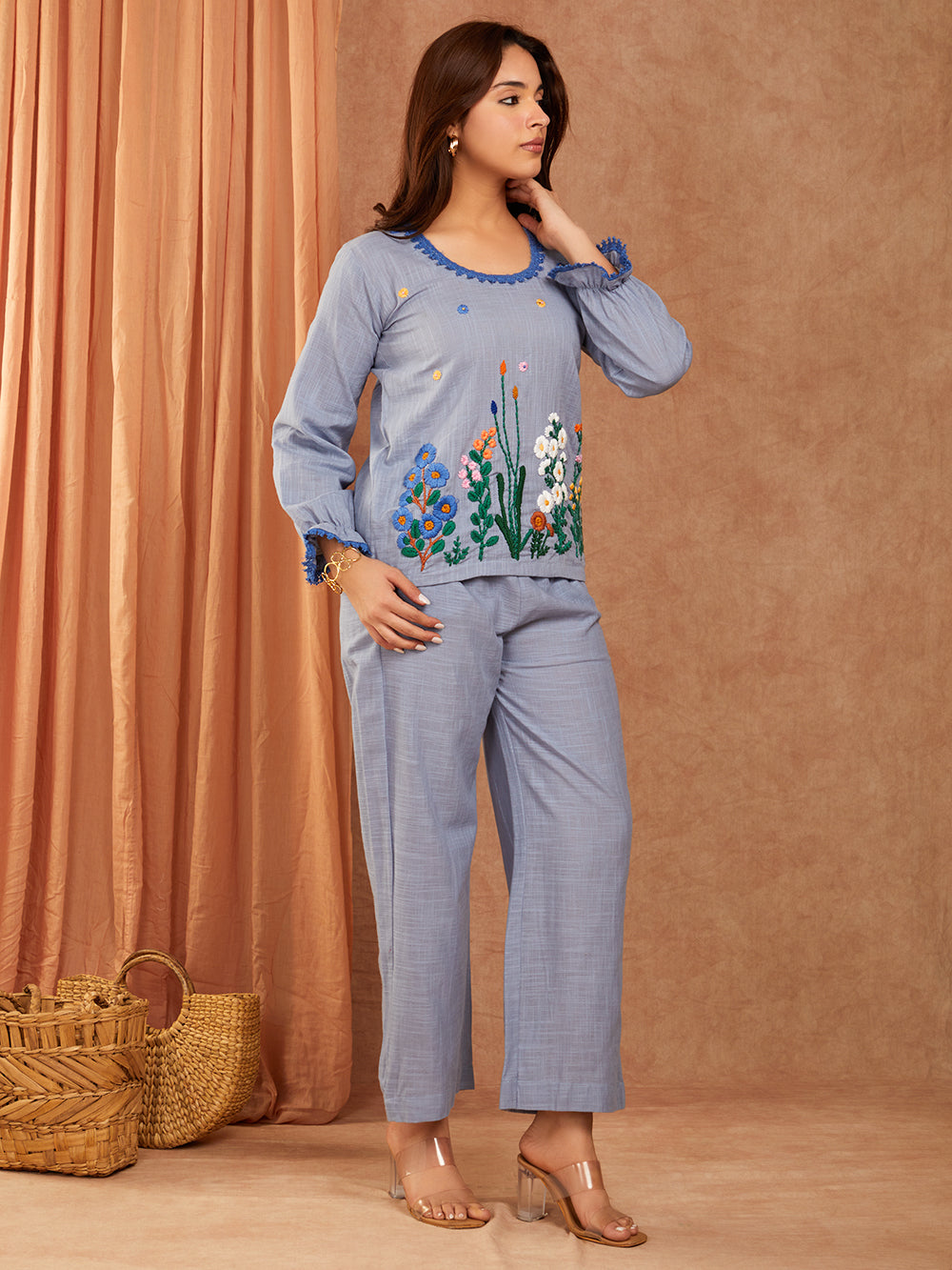 Powder Blue Cotton Slub Hand Embroidery Co-ord Set