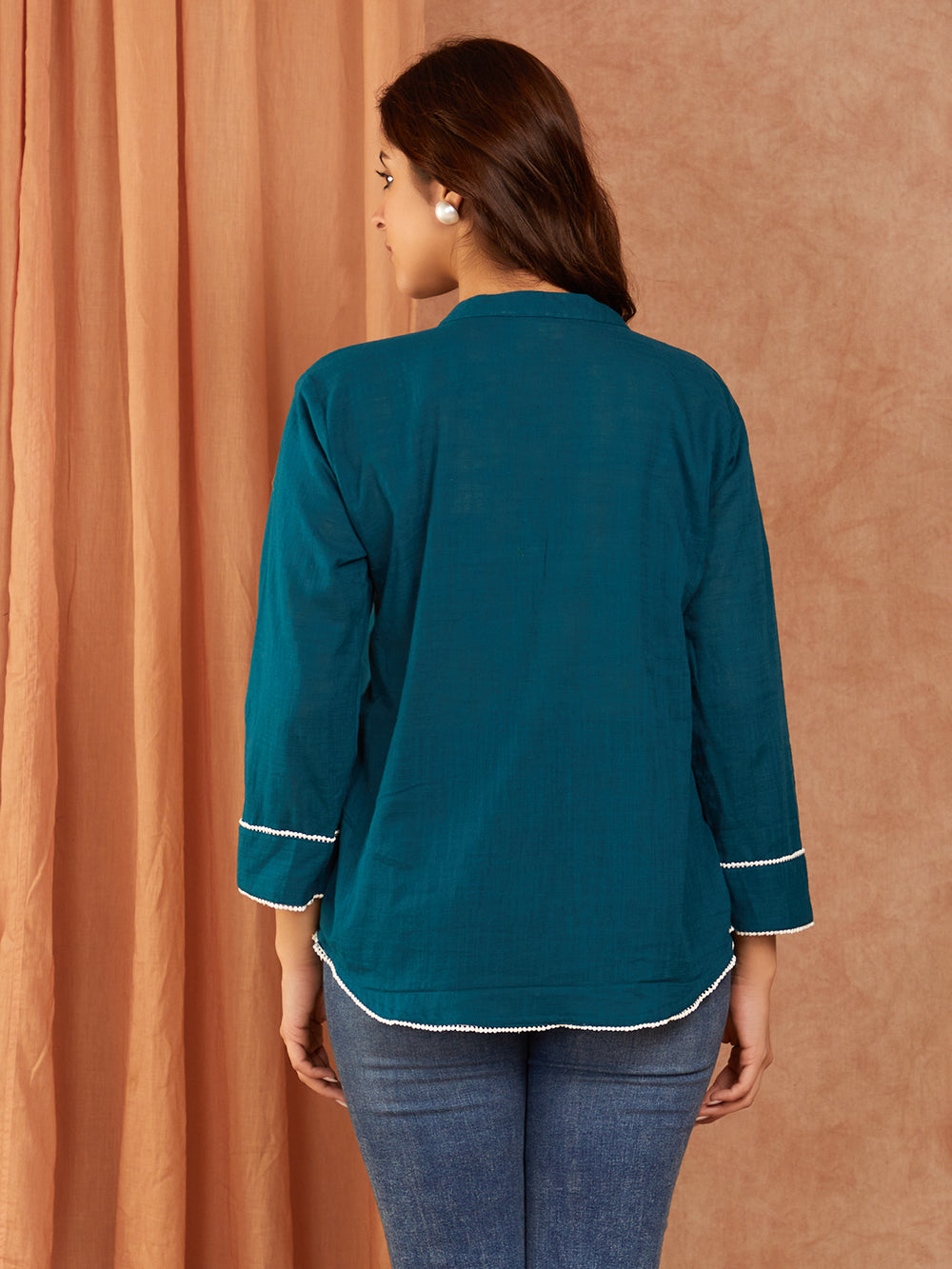 Teal Blue Hand Embroidery Cotton Slub Top