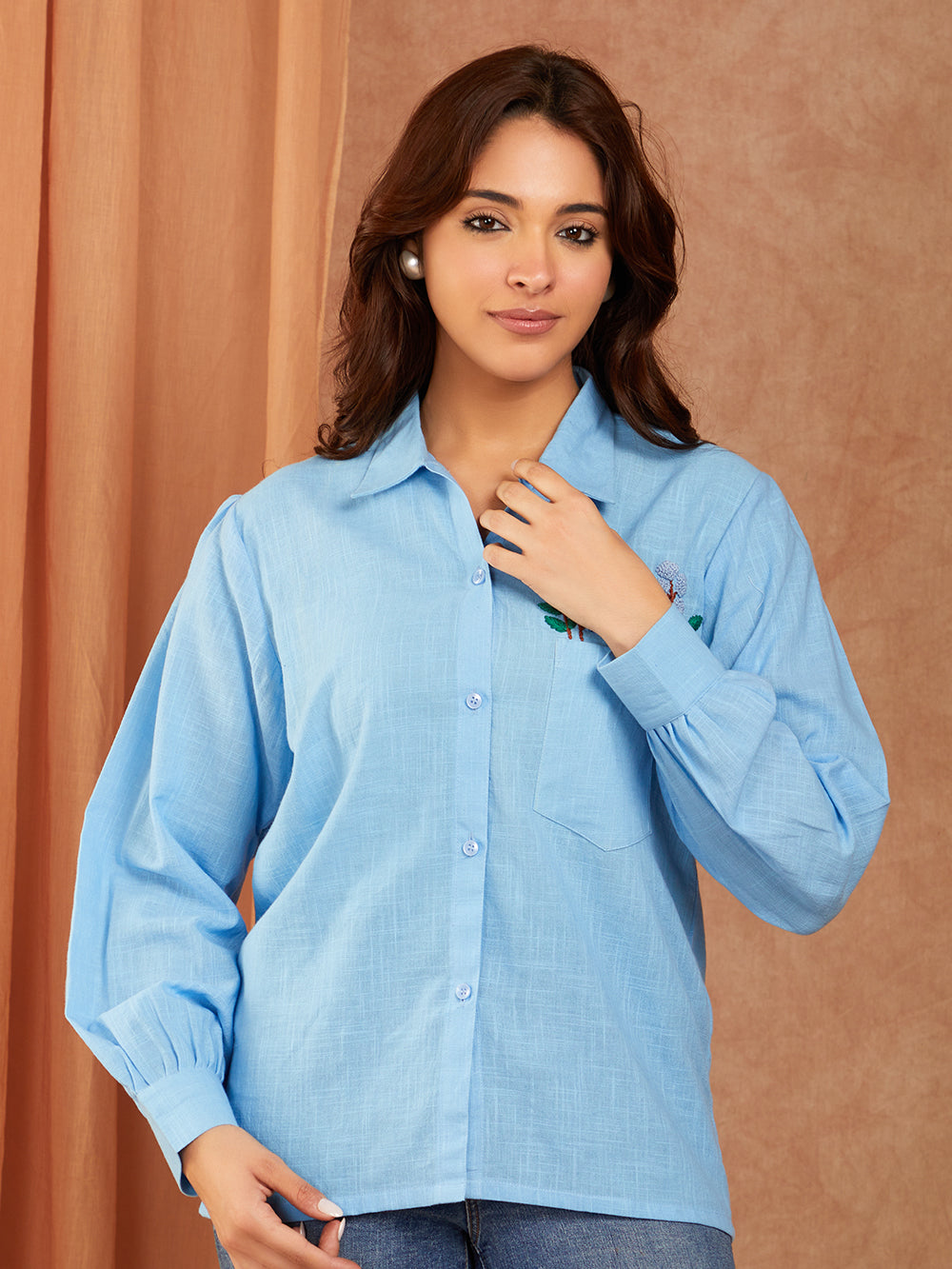 Blue Cotton Slub Hand Embroidery Top