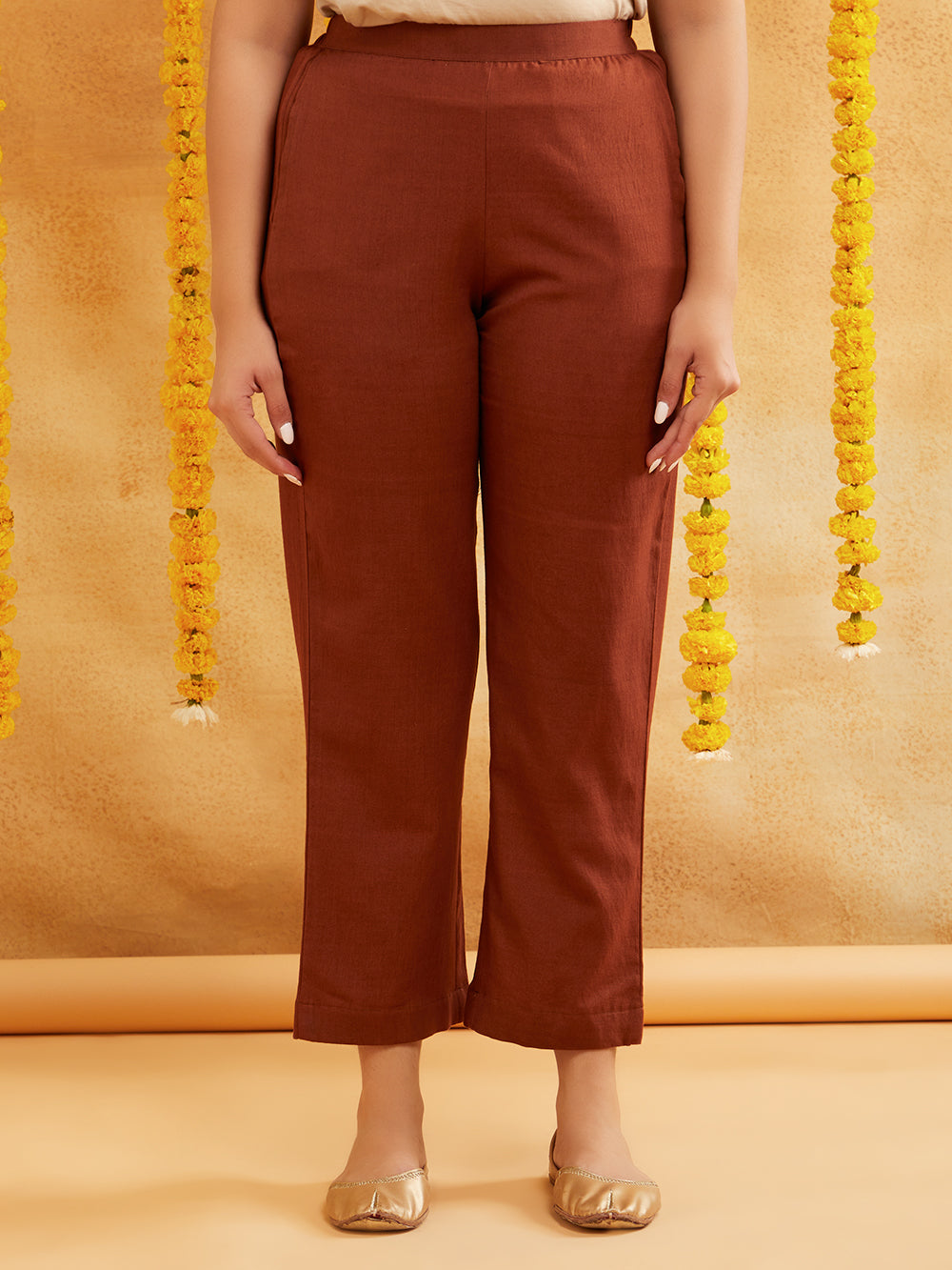 Brown Lurex Kaftan And Pant With Sequence Neckline