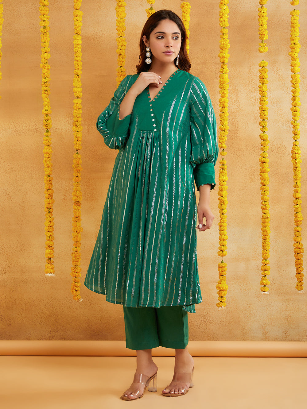 Dark Green Lurex Kurta Pant Set