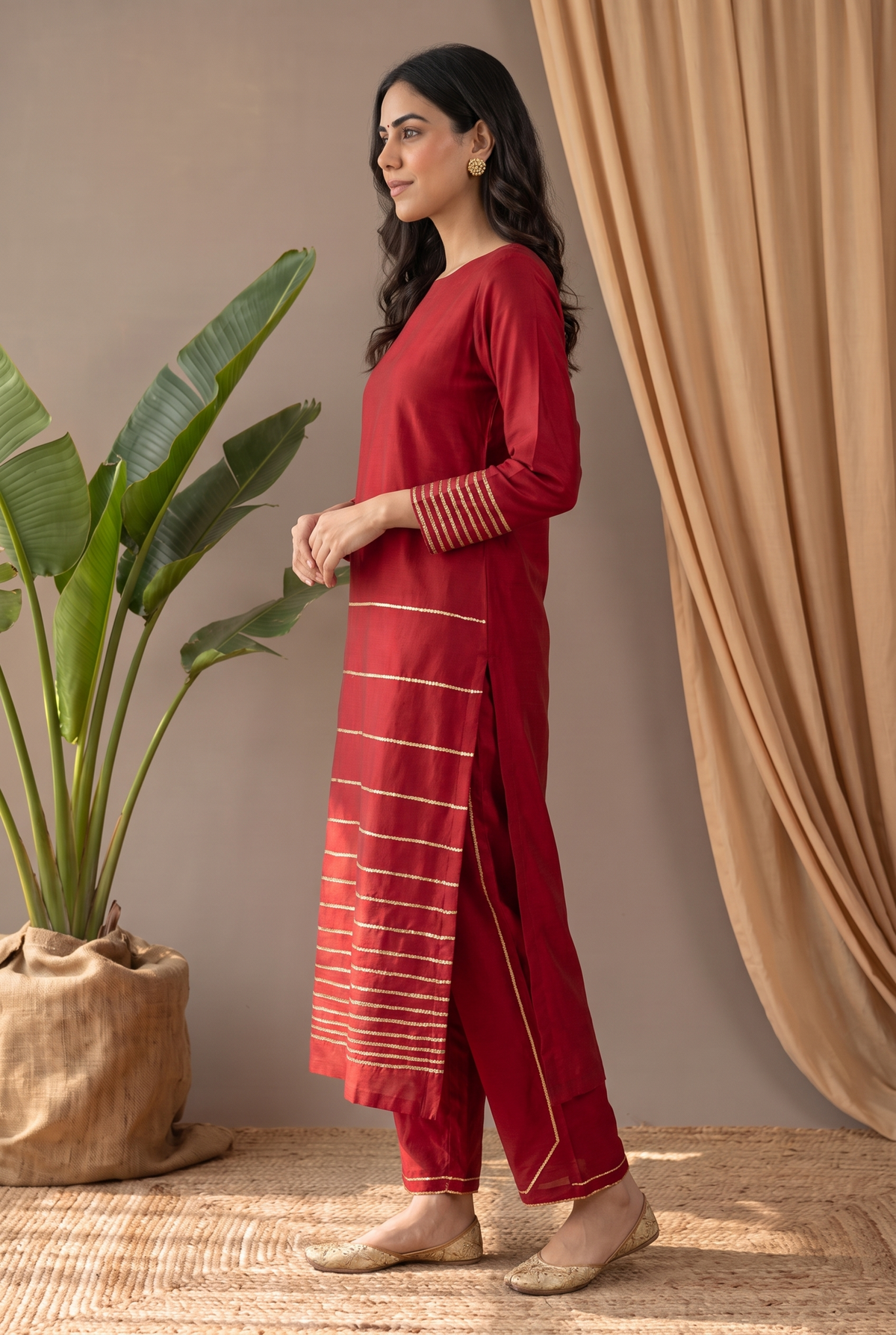 Maroon cotton silk kurta set