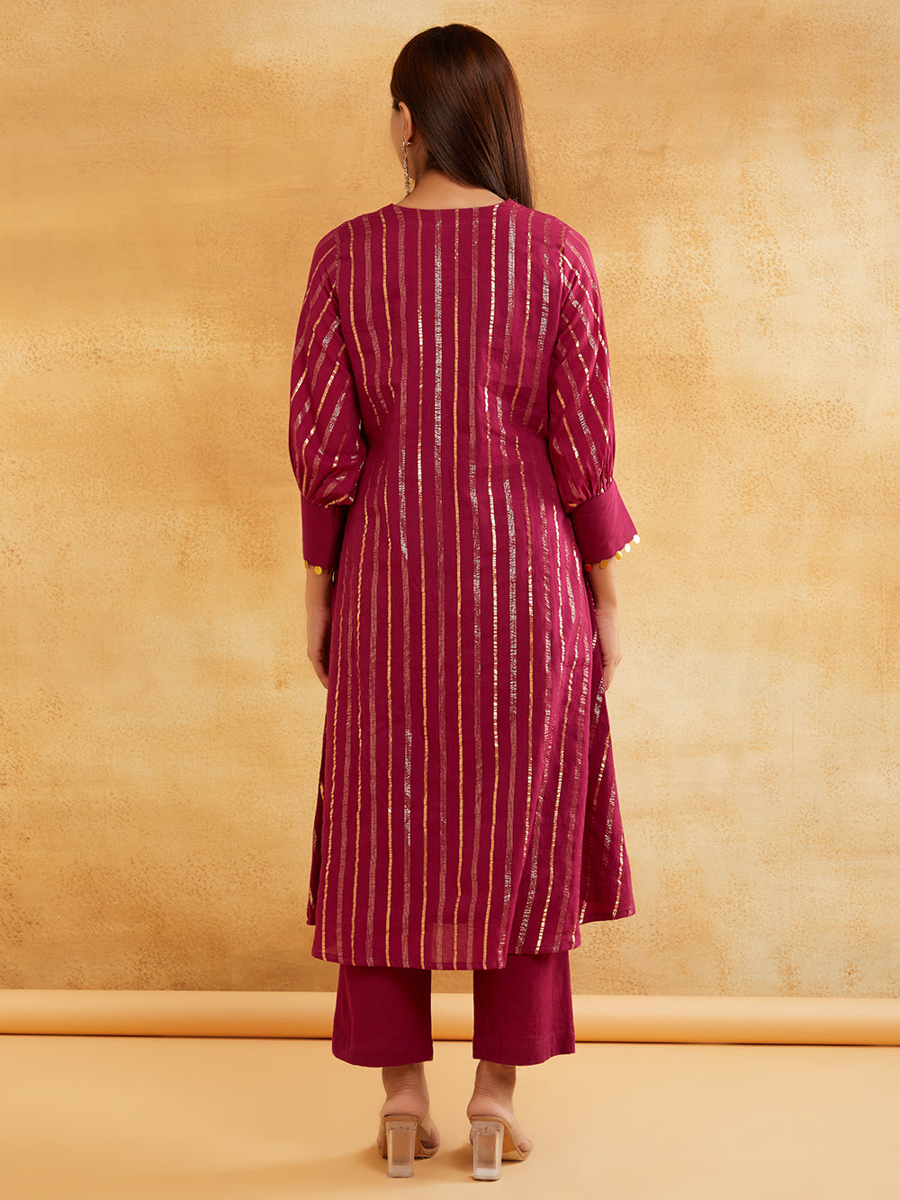 Wine Lurex Kurta And Pant With Sequence Neckline