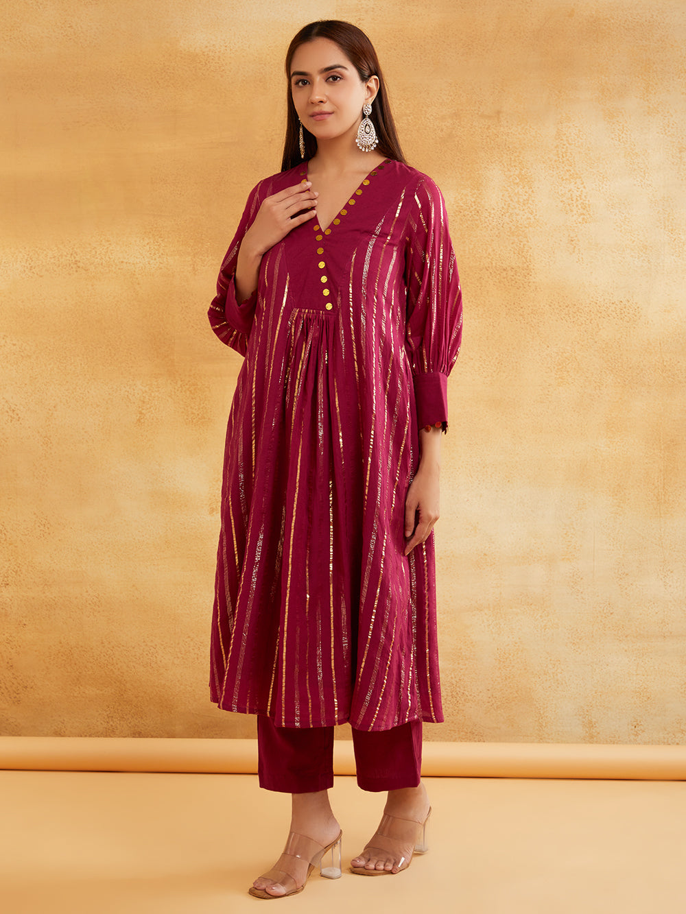 Wine Lurex Kurta And Pant With Sequence Neckline