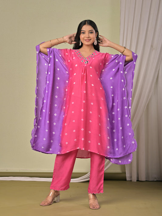 Pink Purple hand bandhej Muslin Silk Kaftan set