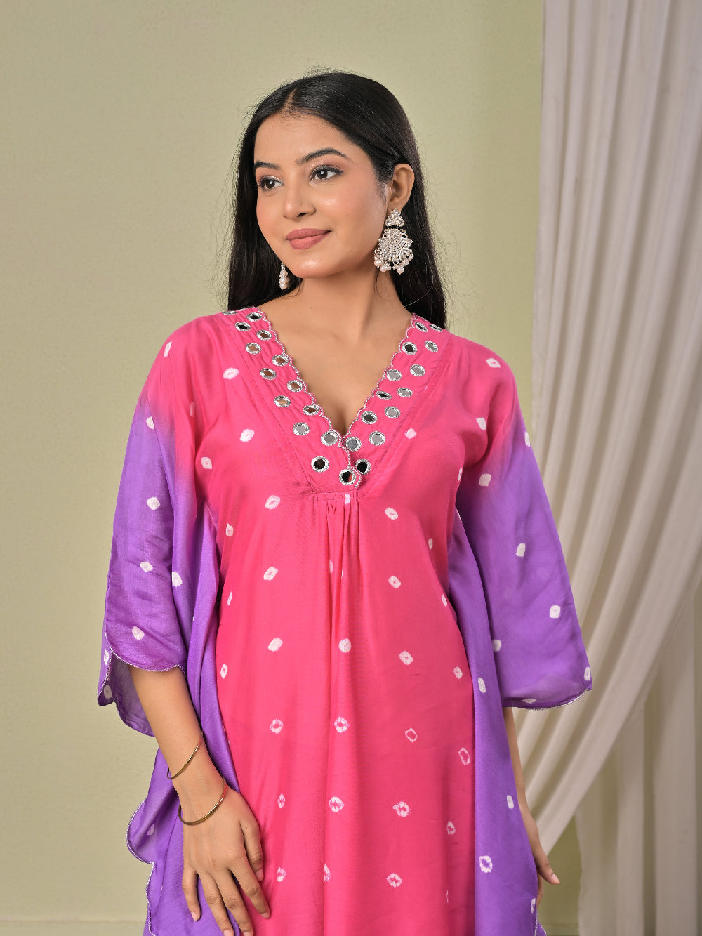 Pink Purple hand bandhej Muslin Silk Kaftan set