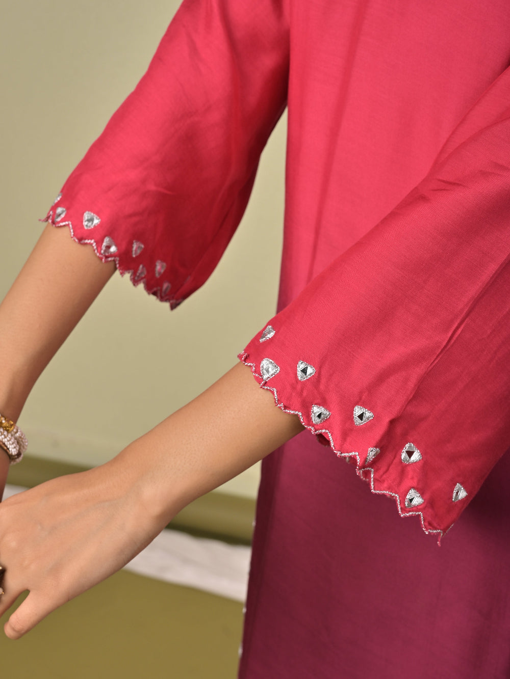 Pink Wine Ombre Mirror work Muslin Silk Kurta set with organza dupatta