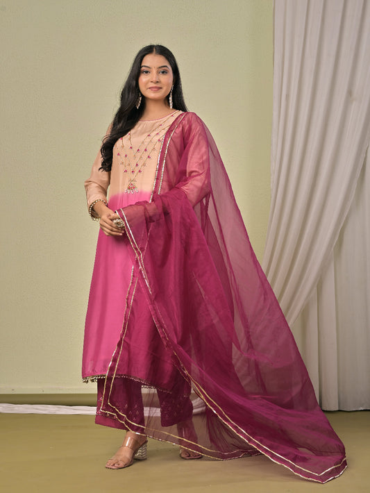 Beige Wine Ombre Hand work Muslin Silk Kurta set with organza dupatta