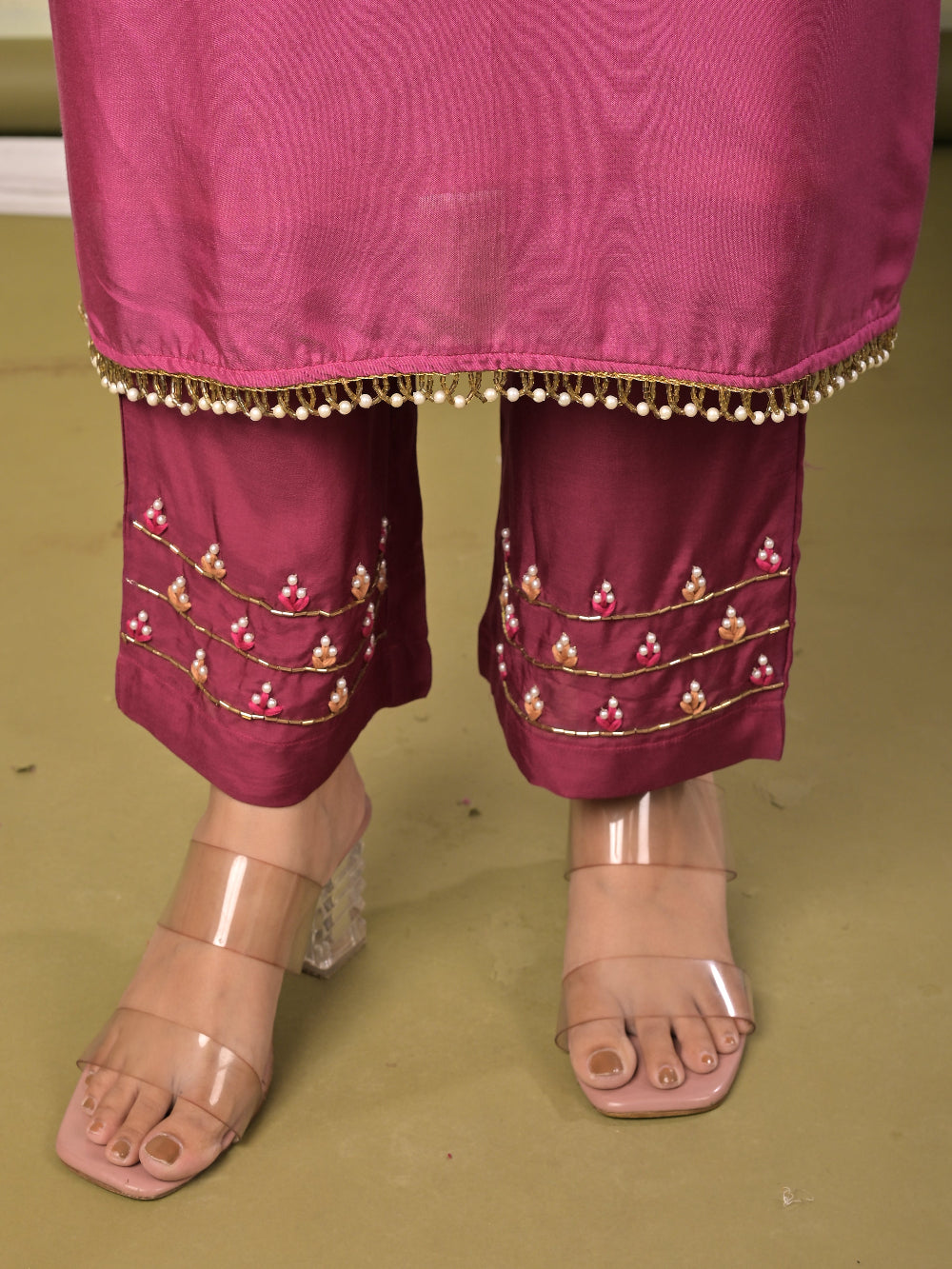 Beige Wine Ombre Hand work Muslin Silk Kurta set with organza dupatta