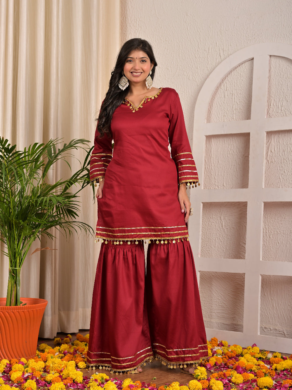 Maroon Lace sharara set with organza dupatta