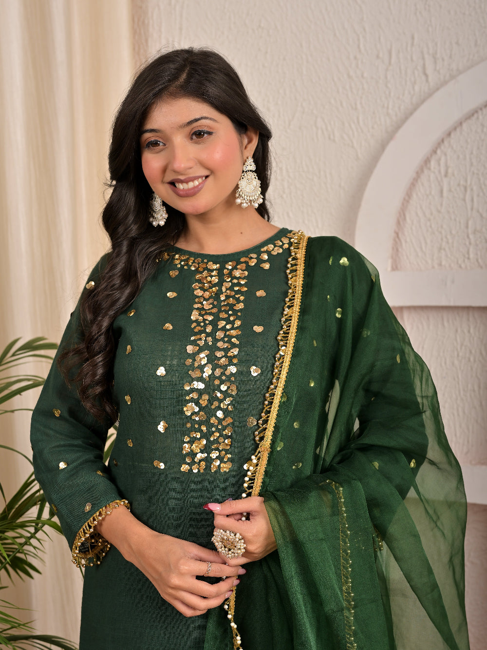 Sequence hand work Bottle Green sharara set with organza dupatta