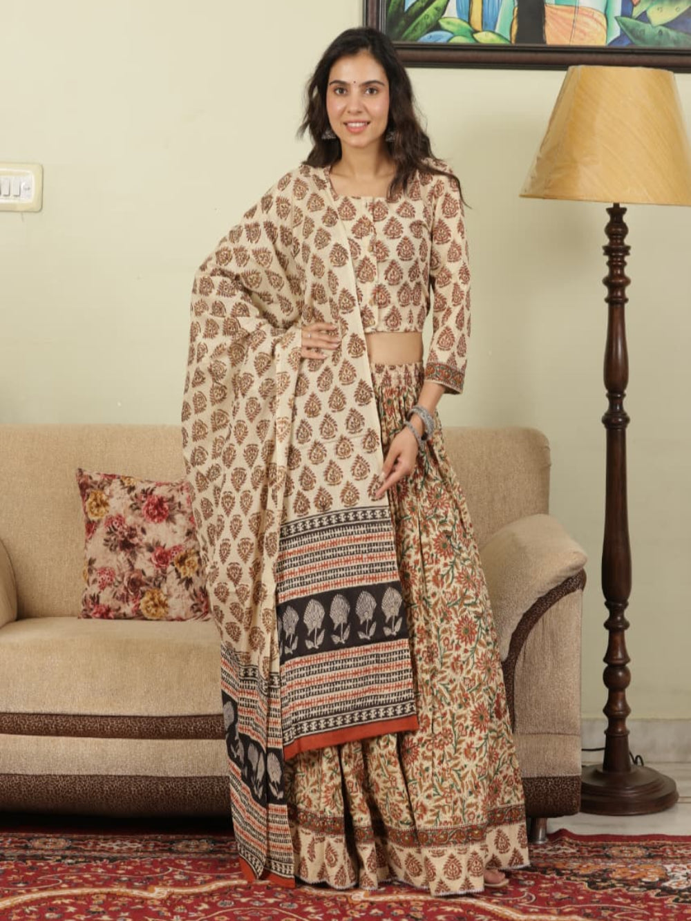 Hand Block Printed Pure Cotton Skirt top and mulmul dupatta