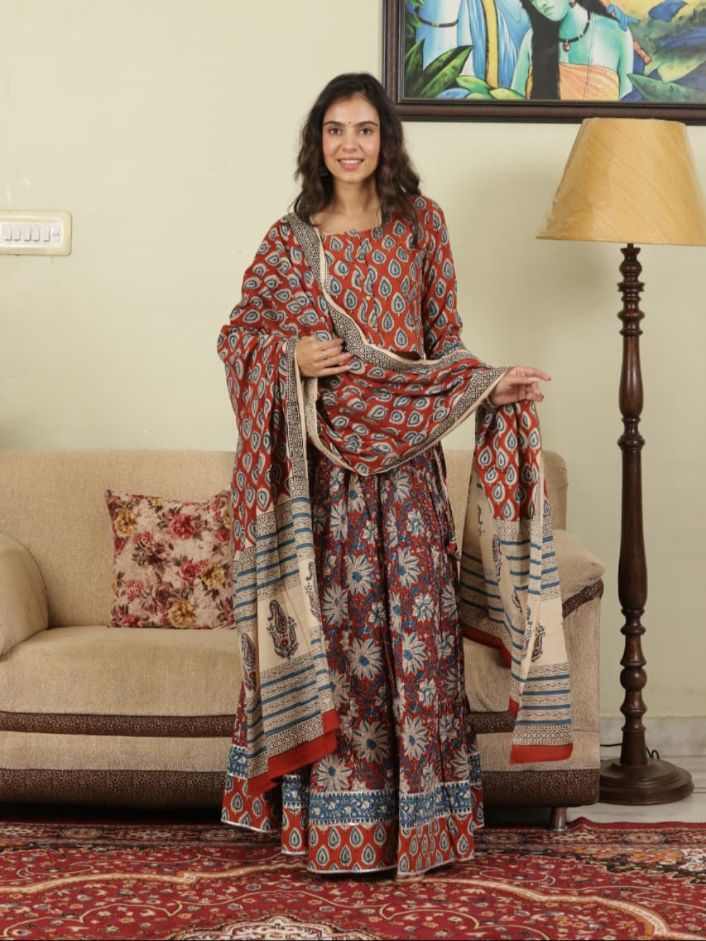 Hand Block Printed Pure Cotton Skirt top and mulmul dupatta