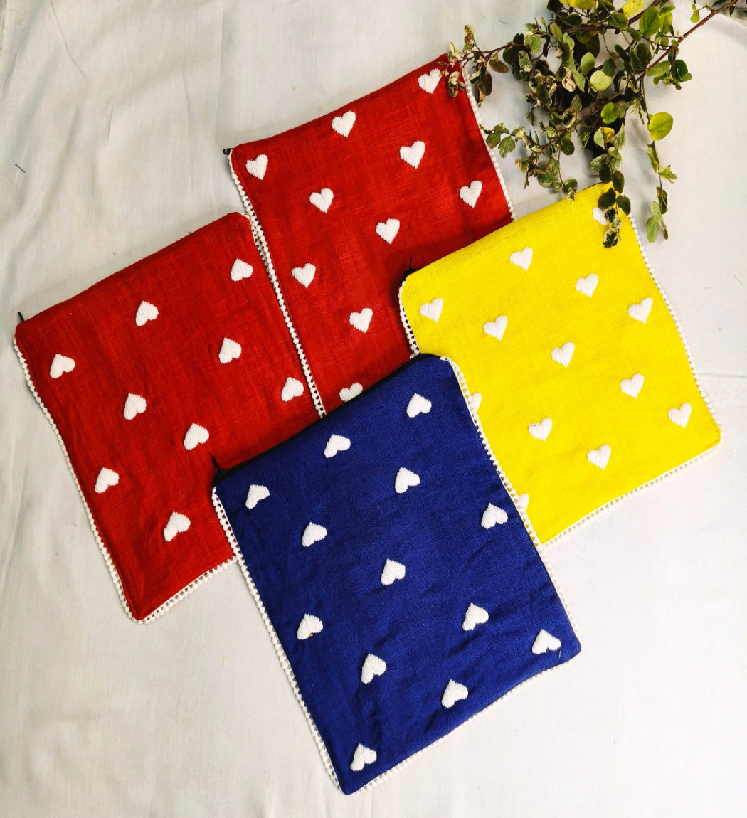 SET OF 4 HAND EMBROIDERY COTTON LINEN POUCHES