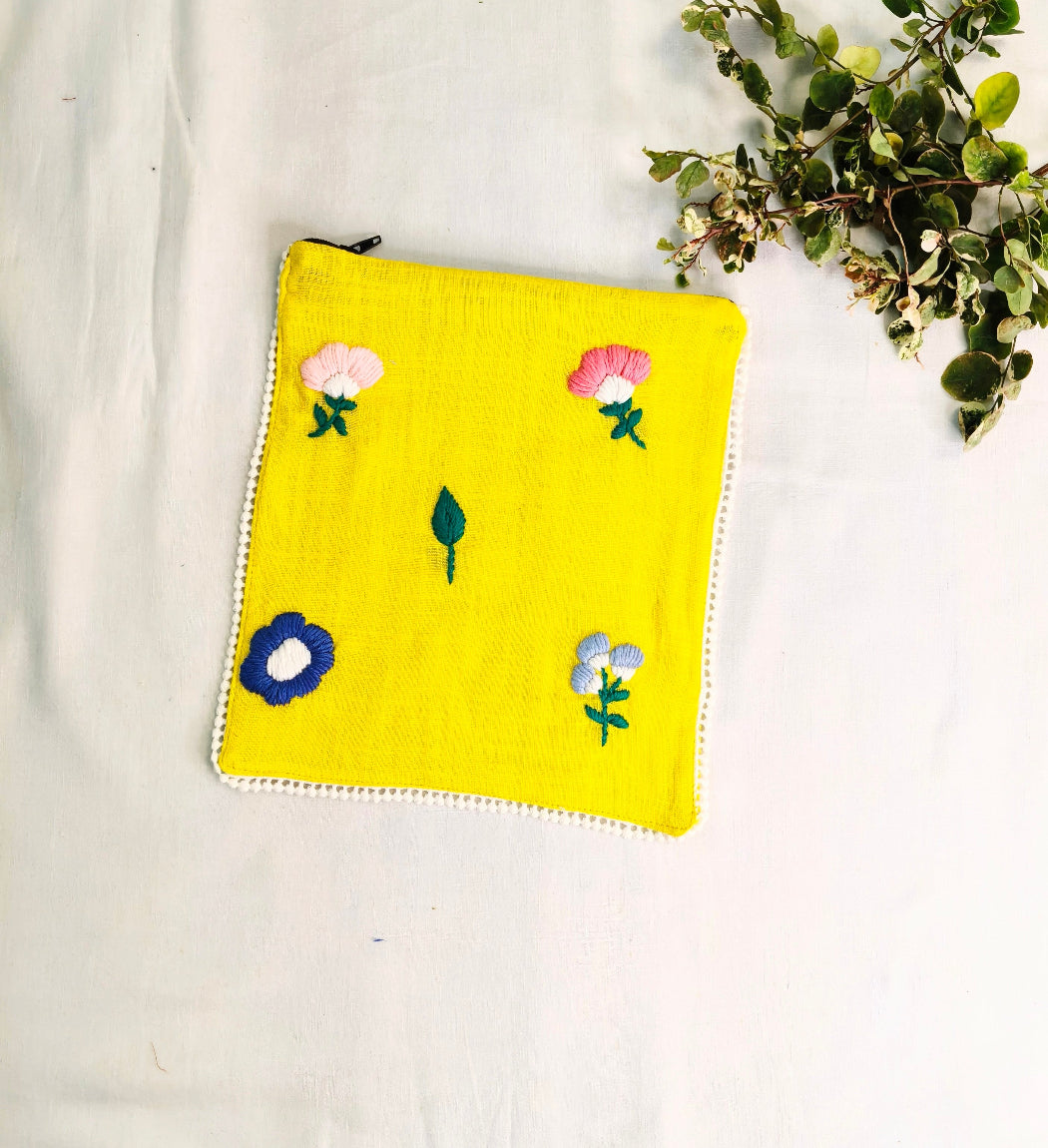 HAND EMBROIDERY COTTON LINEN YELLOW POUCH