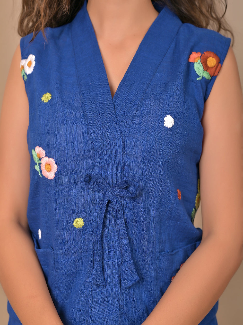 Sleeveless Royal Blue hand embroidery top and skirt set