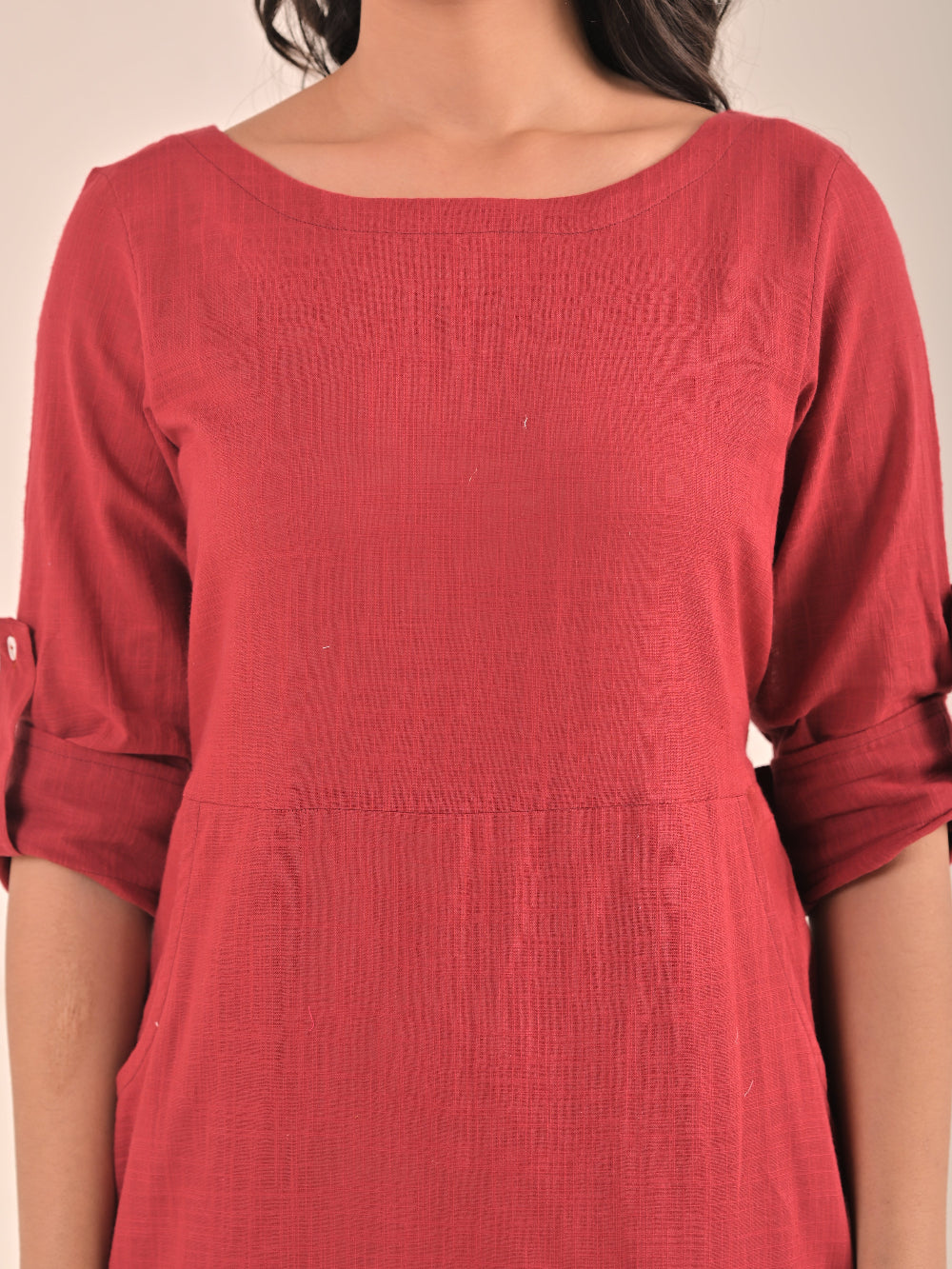 Maroon front pocket cotton linen dress