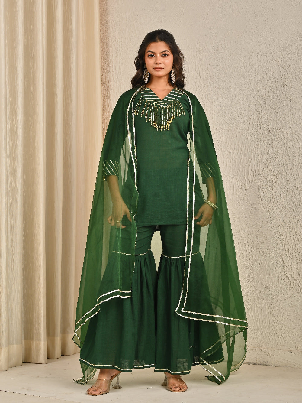 Olive Green sharara set with organza dupatta