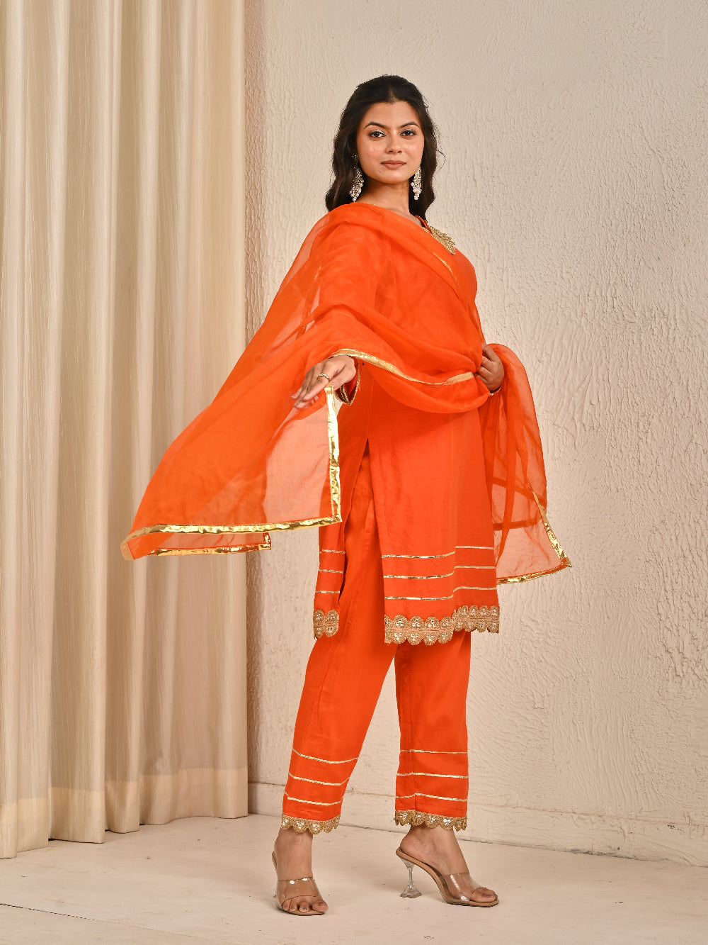 Rust Orange Mul Chanderi kurta set with Organza Dupatta