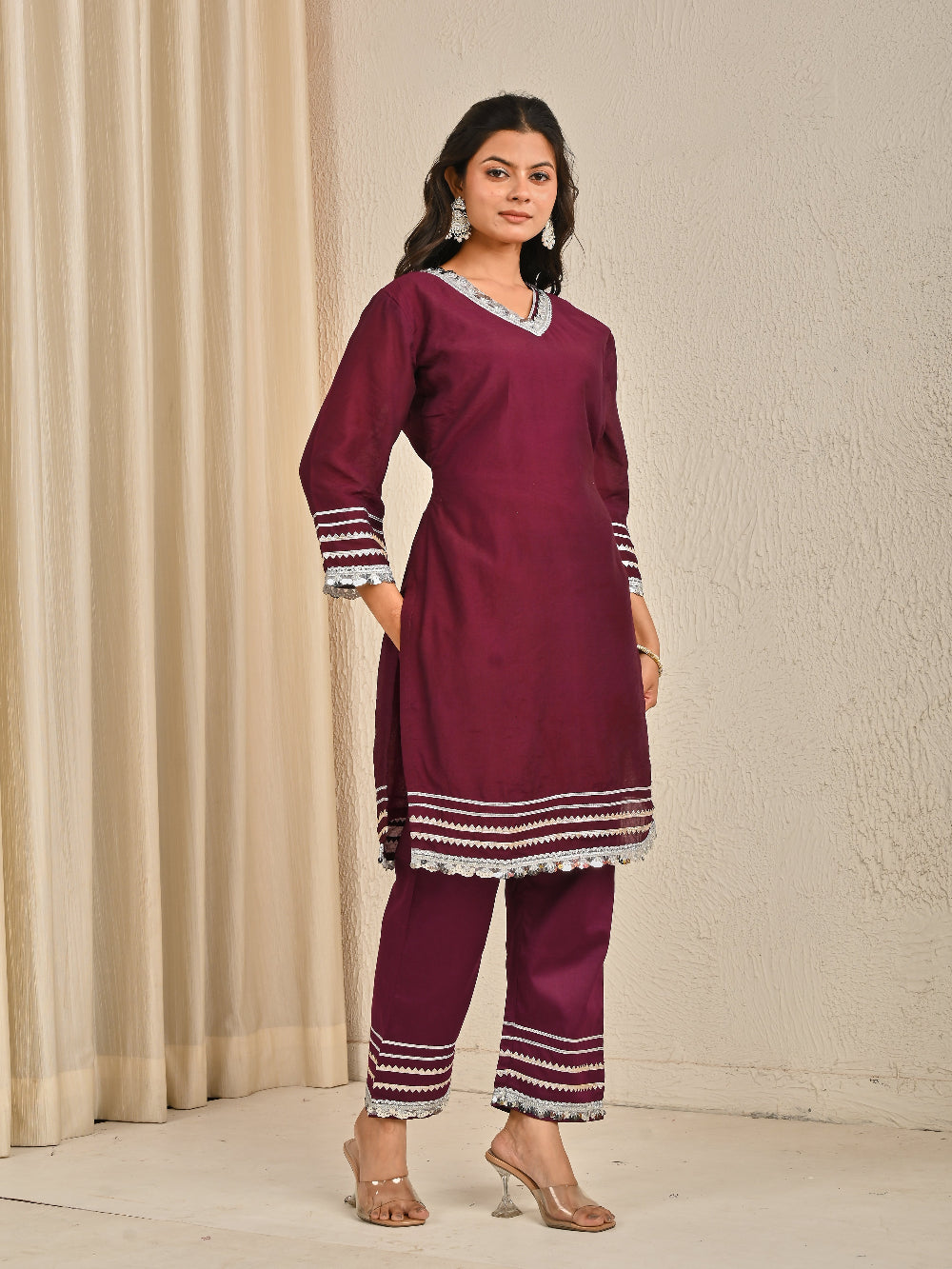 Wine cotton silk Kurta Set With Organza Dupatta
