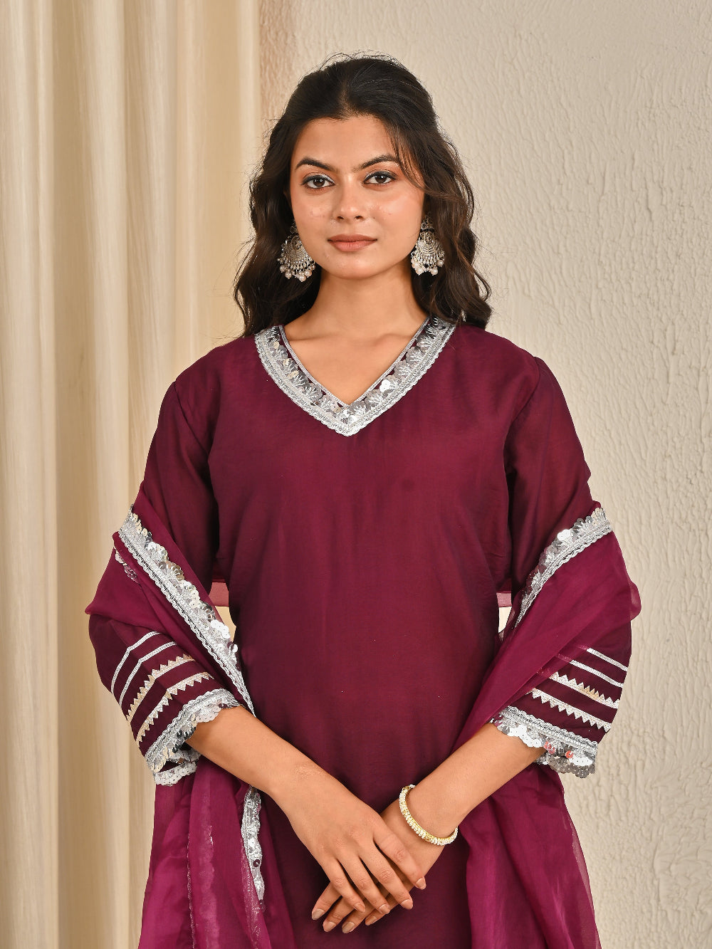Wine cotton silk Kurta Set With Organza Dupatta