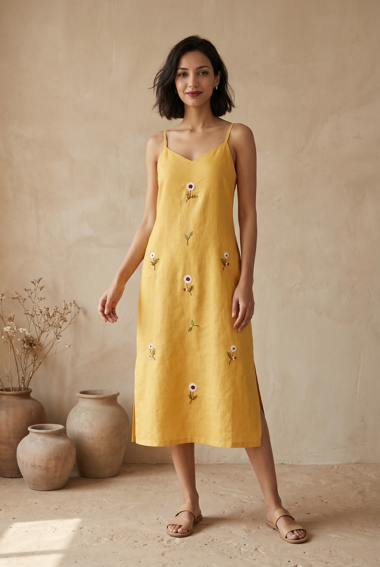Mustard strap hand embroidery dress