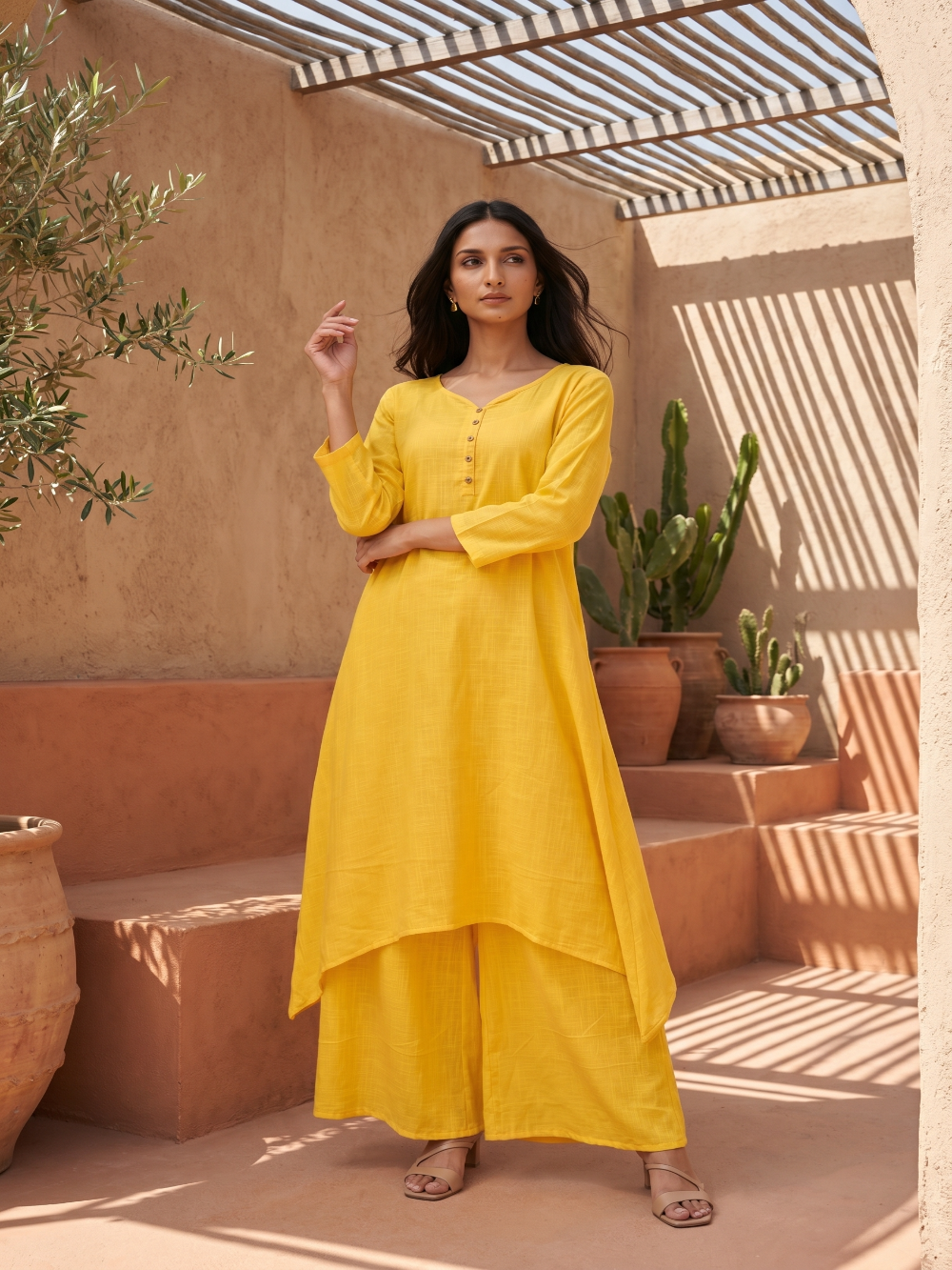 Yellow asymmetrical kurta wth pant
