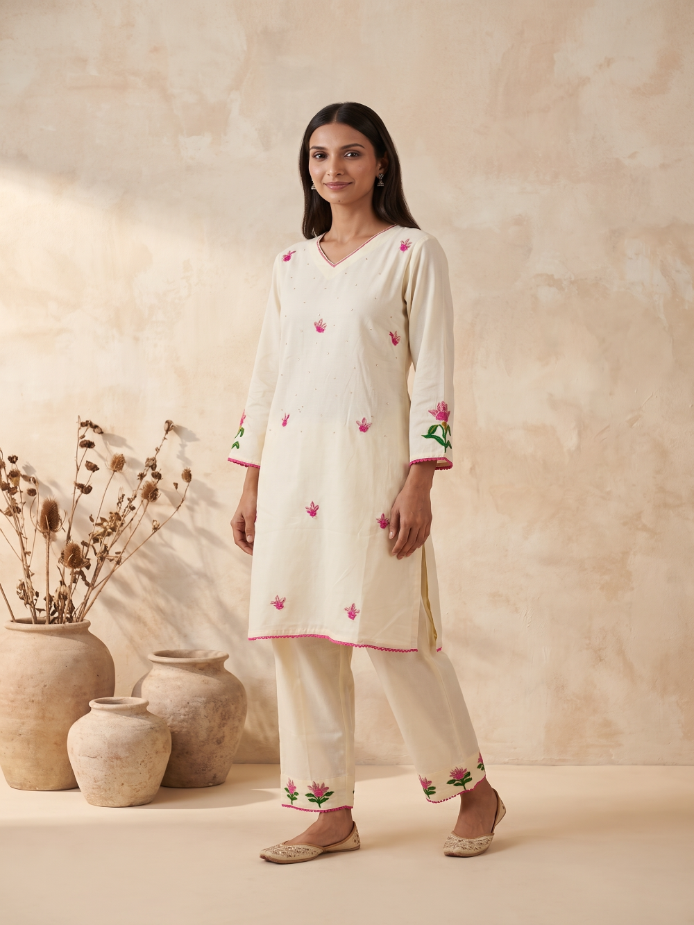 Cream Cotton silk hand embroidery kurta pant set