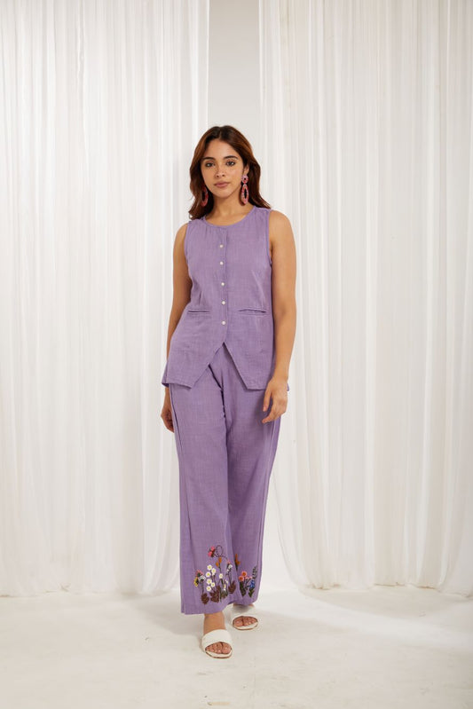Purple Cotton Slub Hand Embroidery Formal Co-ord Set