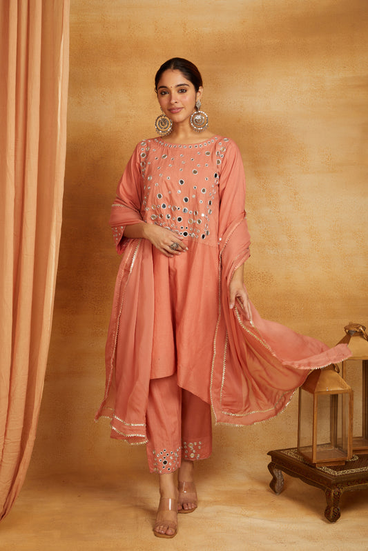 Peach kurta, pant, and dupatta with mirror work