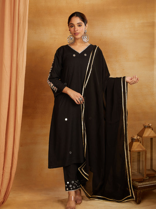 Black kurta, pant, and dupatta with mirror work