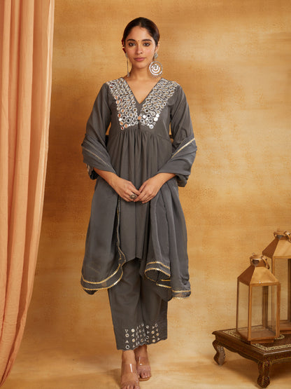 Grey kurta, pant, and dupatta with mirror work