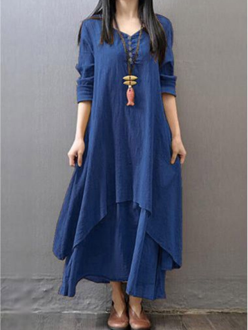 Blue pure cotton double-layer dress. It comes with a long slip that goes below the ankle and an asymmetric overlay dress on top. It has two pockets