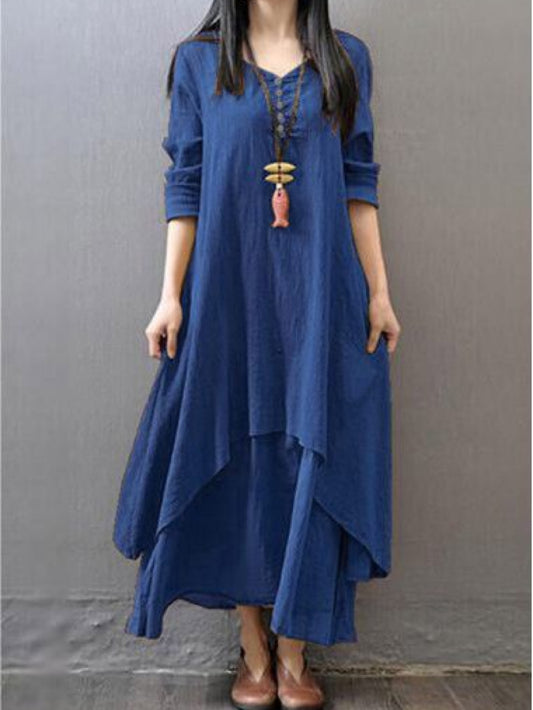 Blue pure cotton double-layer dress. It comes with a long slip that goes below the ankle and an asymmetric overlay dress on top. It has two pockets