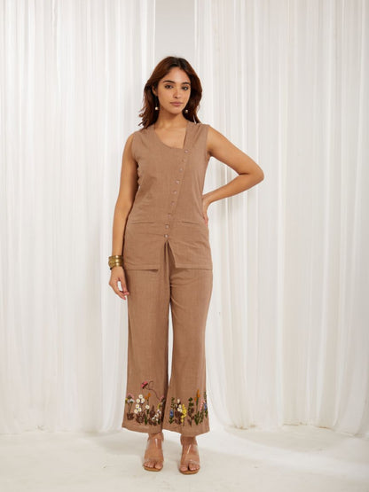 Dark Beige Cotton Slub Hand Embroidery Formal Co-ord Set