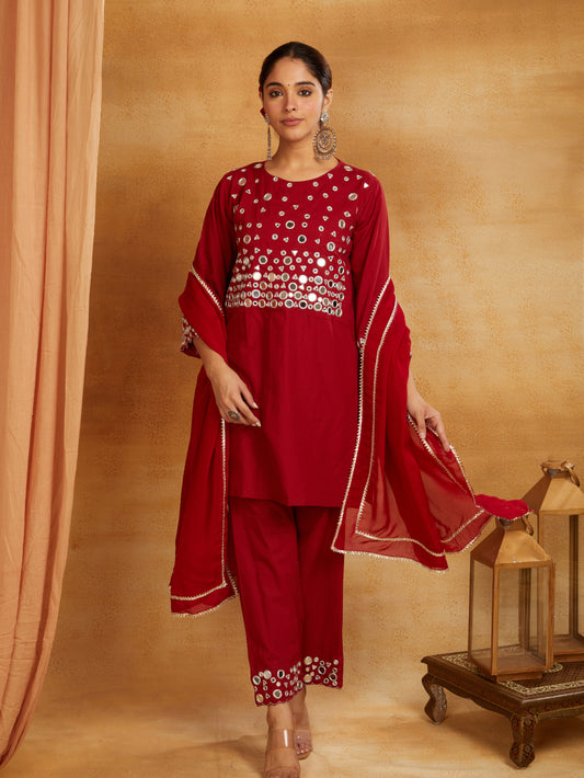 Maroon kurta, pant, and dupatta with mirror work