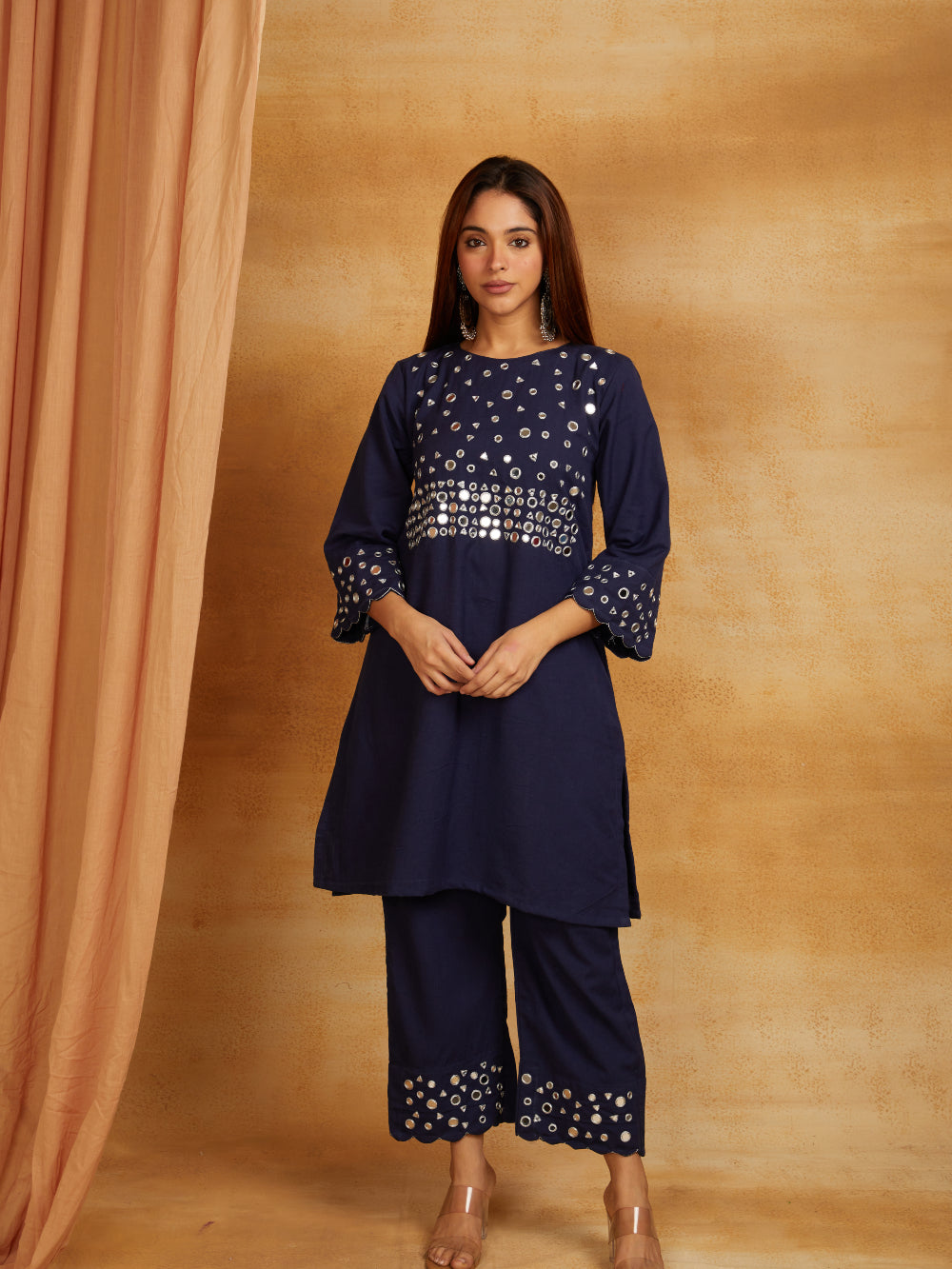 Navy blue kurta, pant, and dupatta with mirror work