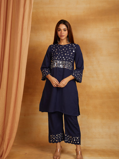 Navy blue kurta, pant, and dupatta with mirror work