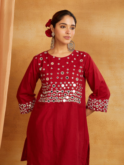 Maroon kurta, pant, and dupatta with mirror work